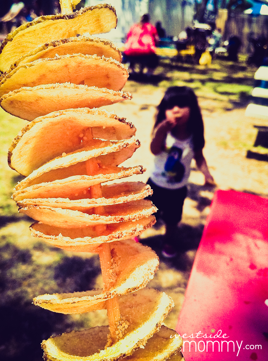 This is a Texas Tater Twist. It is deep fried thinly sliced spiral potato on a stick = potato chips on a stick. $6.00